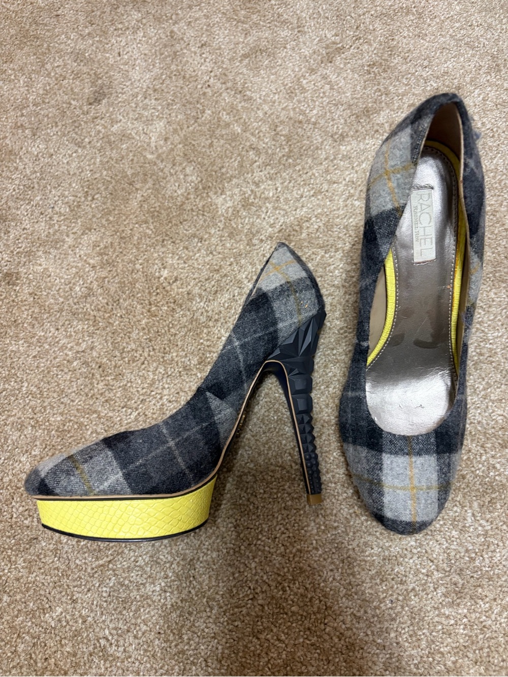 Gray Plaid Platform Pumps with Yellow Accent